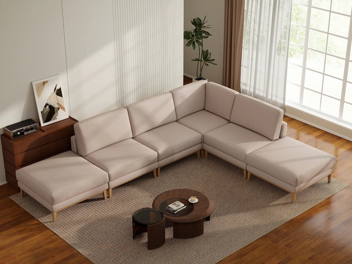 Deluxe Cloud 4-Seater Khaki L-Shaped Sectional | 6-Piece (Includes 2 Ottomans), Linen Look Poly Fabric, Washable Cushion Covers