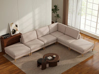 Deluxe Cloud 4-Seater Khaki L-Shaped Sectional | 6-Piece (Includes 2 Ottomans), Linen Look Poly Fabric, Washable Cushion Covers