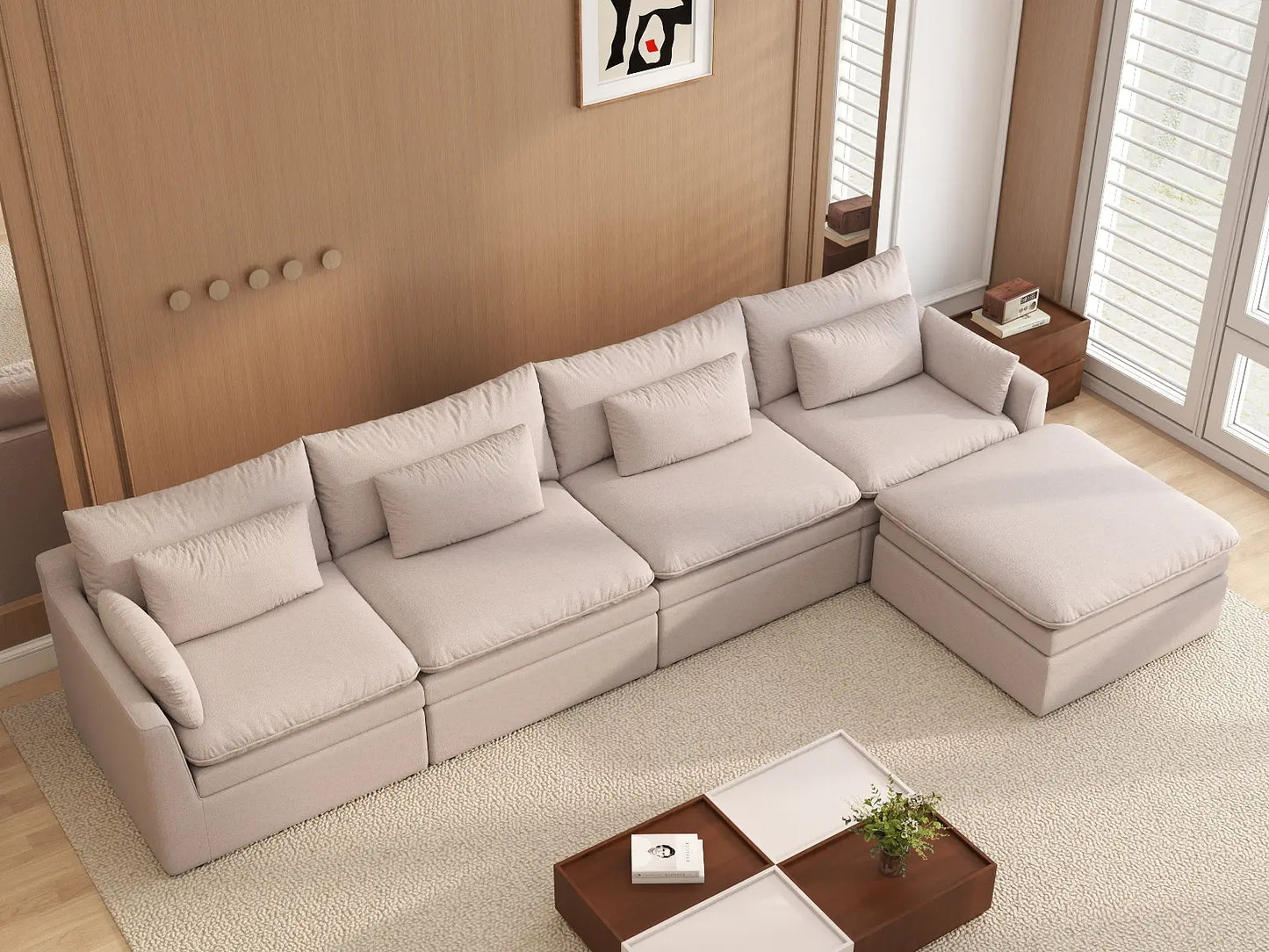 Deluxe Cloud 4-Seater Khaki L-Shaped Sectional | 5-Piece (Includes 1 Ottoman), Linen Look Poly Fabric, Washable Cushion Covers