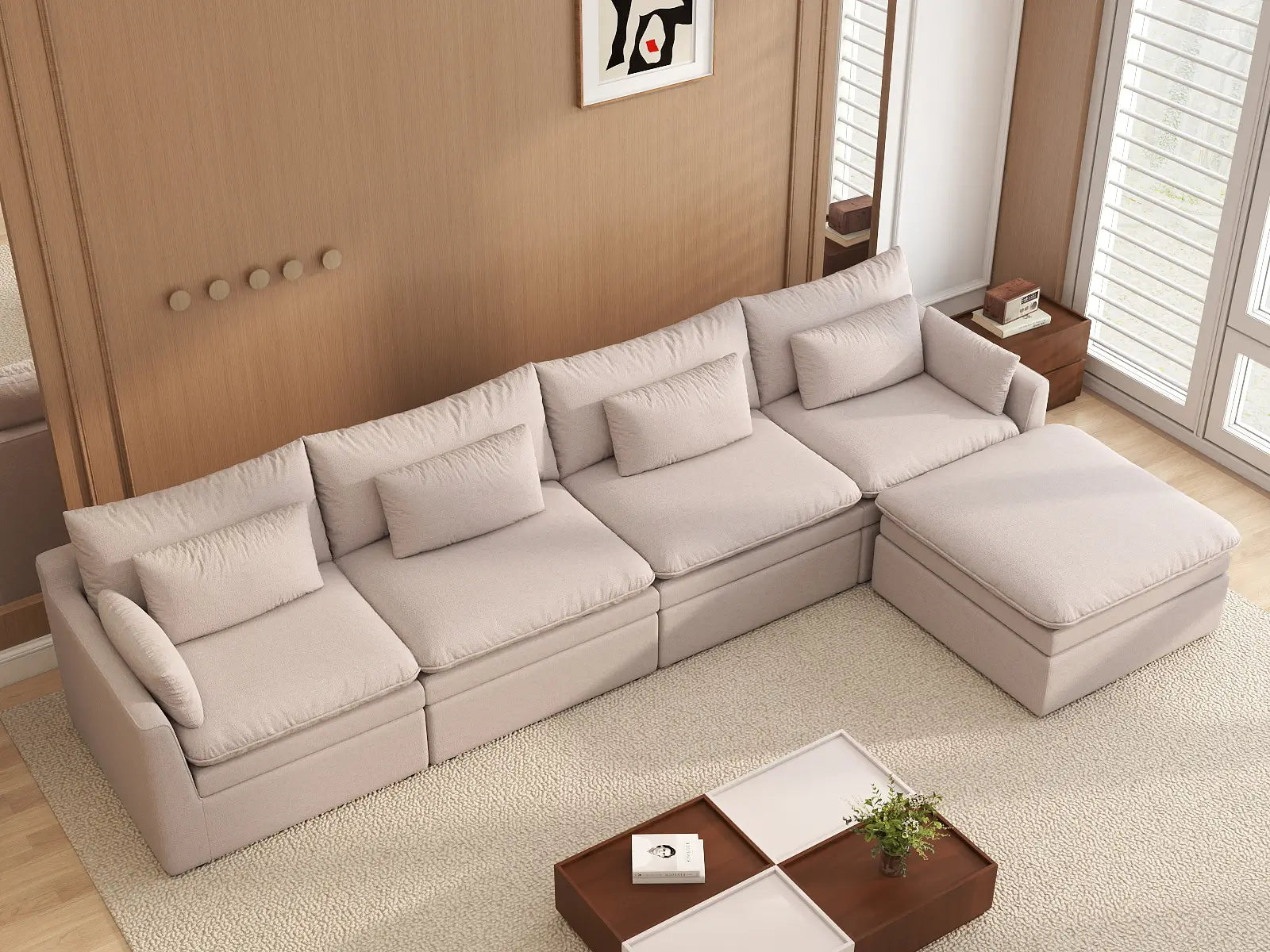 Deluxe Cloud 4-Seater Khaki L-Shaped Sectional | 5-Piece (Includes 1 Ottoman), Linen Look Poly Fabric, Washable Cushion Covers
