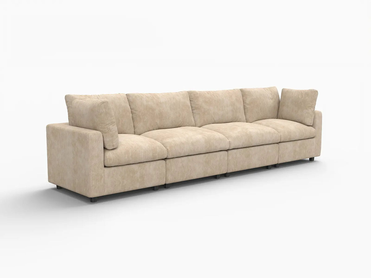 Deluxe Cloud 4-Seater Khaki Large Space Couch Sectional | 4-Piece, Linen-Blend Chenille Fabric, Easy To Clean