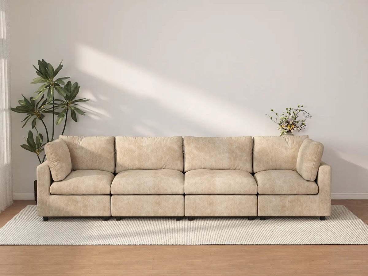 Deluxe Cloud 4-Seater Khaki Large Space Couch Sectional | 4-Piece, Linen-Blend Chenille Fabric, Easy To Clean