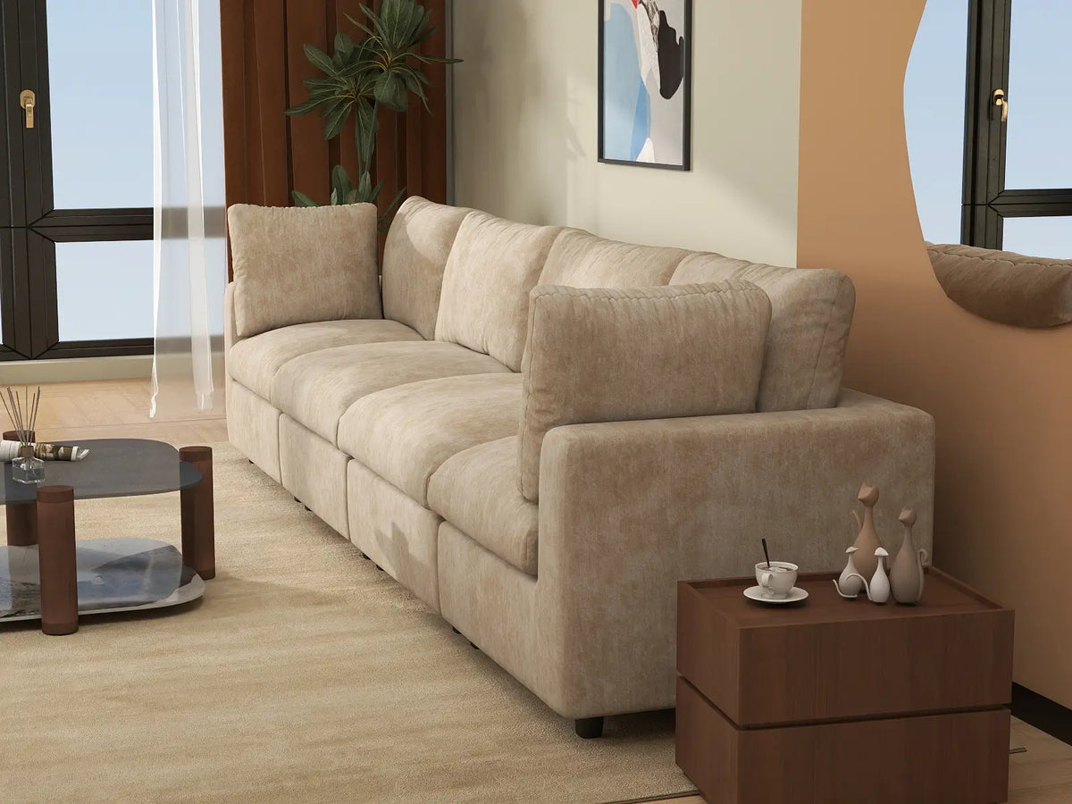 Deluxe Cloud 4-Seater Khaki Large Space Couch Sectional | 4-Piece, Linen-Blend Chenille Fabric, Easy To Clean