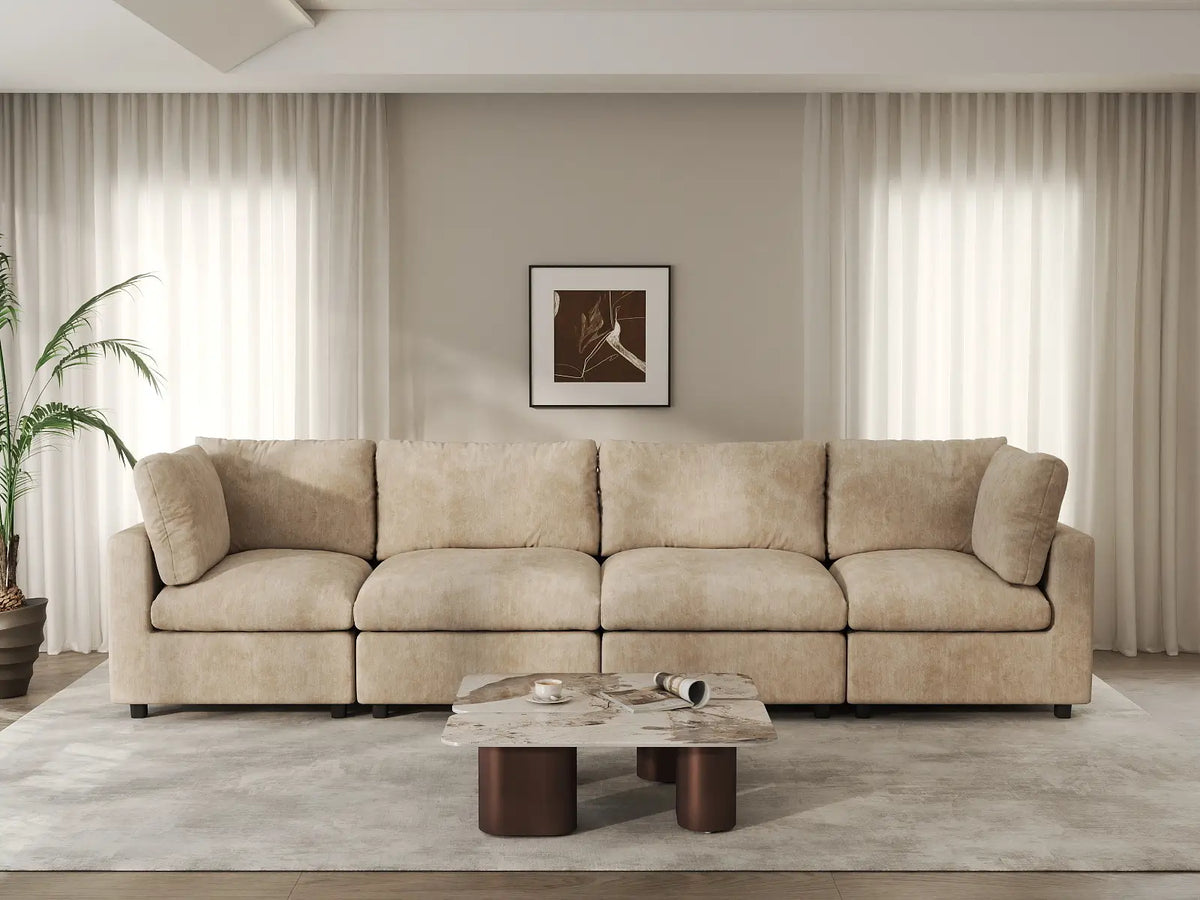 Deluxe Cloud 4-Seater Khaki Large Space Couch Sectional | 4-Piece, Linen-Blend Chenille Fabric, Easy To Clean