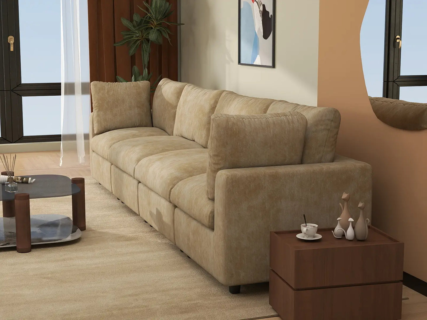 Sofá Seccional Grande de 4 Plazas Cloud Deluxe Color Caqui | De 4 Piezas, Tela Chenille de Mezcla de Lino, Fácil de Limpiar
