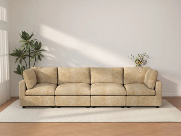 Deluxe Cloud 4-Seater Khaki Large Space Couch Sectional | 4-Piece, Linen-Blend Chenille Fabric, Easy To Clean
