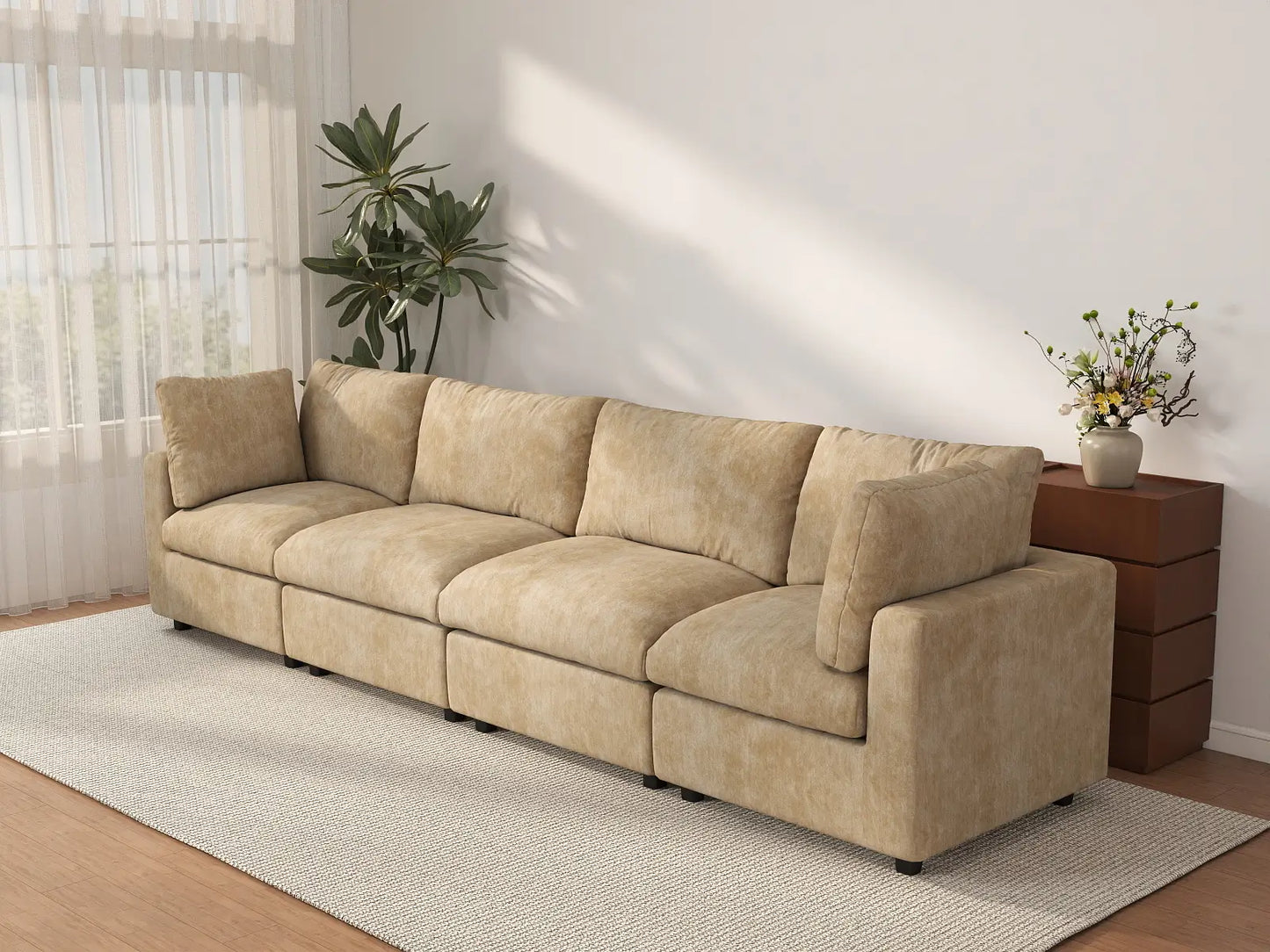 Sofá Seccional Grande de 4 Plazas Cloud Deluxe Color Caqui | De 4 Piezas, Tela Chenille de Mezcla de Lino, Fácil de Limpiar