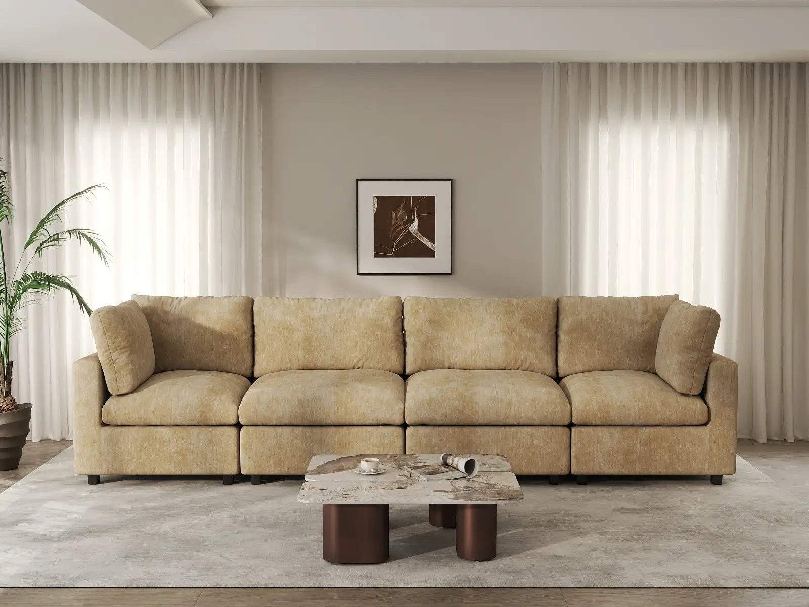Sofá Seccional Grande de 4 Plazas Cloud Deluxe Color Caqui | De 4 Piezas, Tela Chenille de Mezcla de Lino, Fácil de Limpiar