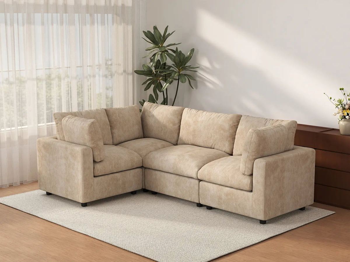 Deluxe Cloud 4-Seater Khaki Large Space L-Shaped Sectional | 4-Piece, Linen-Blend Chenille Fabric, Easy To Clean