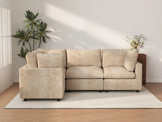 Deluxe Cloud 4-Seater Khaki Large Space L-Shaped Sectional | 4-Piece, Linen-Blend Chenille Fabric, Easy To Clean