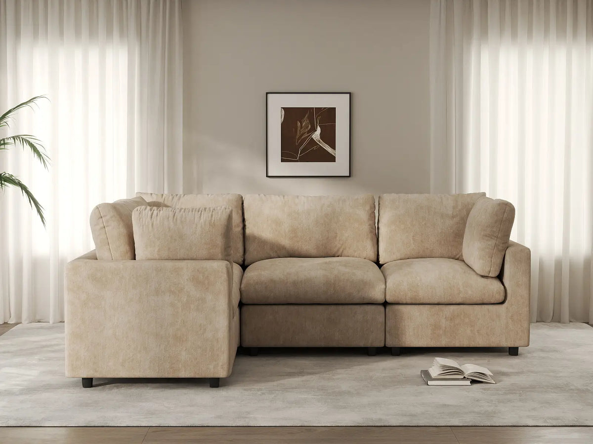 Deluxe Cloud 4-Seater Khaki Large Space L-Shaped Sectional | 4-Piece, Linen-Blend Chenille Fabric, Easy To Clean