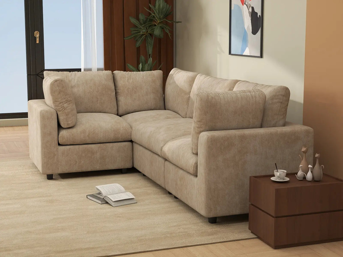 Deluxe Cloud 4-Seater Khaki Large Space L-Shaped Sectional | 4-Piece, Linen-Blend Chenille Fabric, Easy To Clean