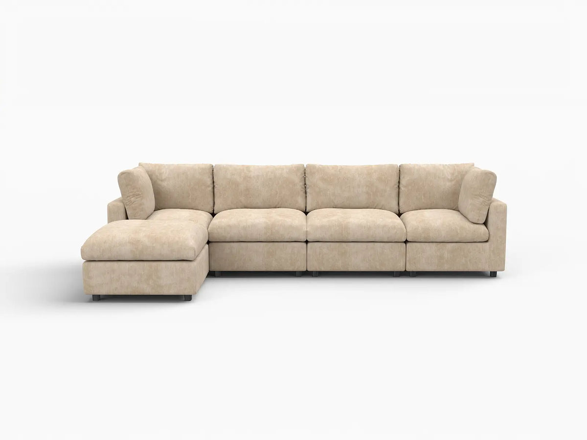 Deluxe Cloud 4-Seater Khaki Large Space L-Shaped Sectional | 5-Piece (Includes 1 Ottoman), Linen-Blend Chenille Fabric, Easy To Clean