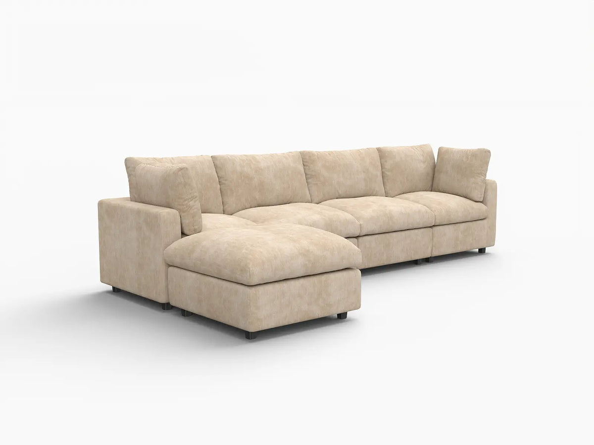 Deluxe Cloud 4-Seater Khaki Large Space L-Shaped Sectional | 5-Piece (Includes 1 Ottoman), Linen-Blend Chenille Fabric, Easy To Clean