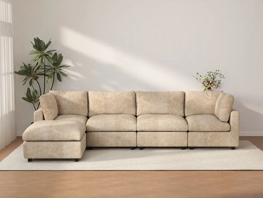 Deluxe Cloud 4-Seater Khaki Large Space L-Shaped Sectional | 5-Piece (Includes 1 Ottoman), Linen-Blend Chenille Fabric, Easy To Clean