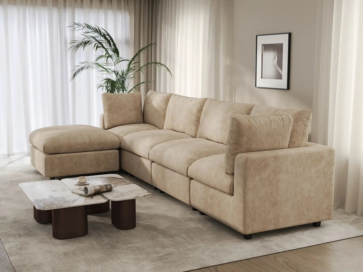 Deluxe Cloud 4-Seater Khaki Large Space L-Shaped Sectional | 5-Piece (Includes 1 Ottoman), Linen-Blend Chenille Fabric, Easy To Clean