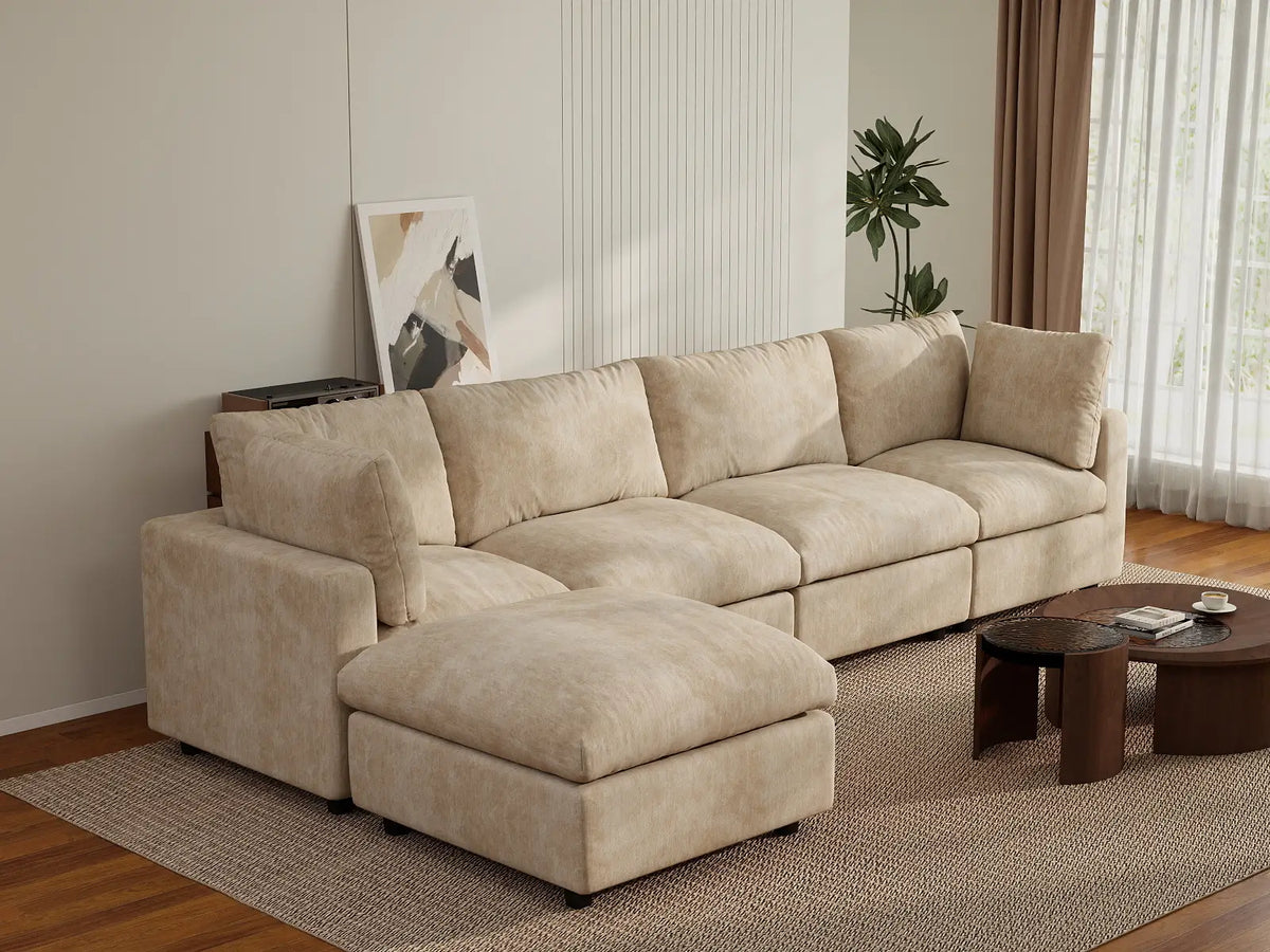 Deluxe Cloud 4-Seater Khaki Large Space L-Shaped Sectional | 5-Piece (Includes 1 Ottoman), Linen-Blend Chenille Fabric, Easy To Clean