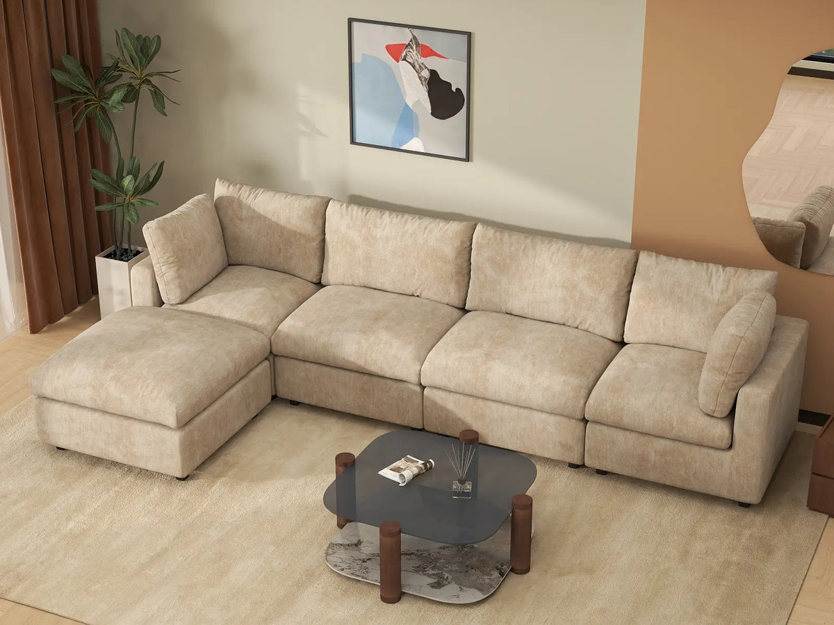 Deluxe Cloud 4-Seater Khaki Large Space L-Shaped Sectional | 5-Piece (Includes 1 Ottoman), Linen-Blend Chenille Fabric, Easy To Clean