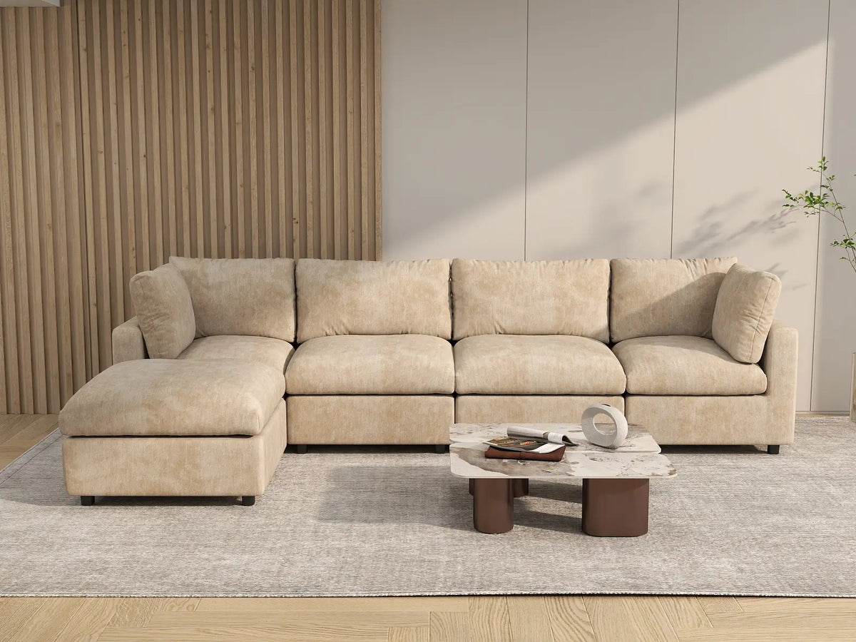 Deluxe Cloud 4-Seater Khaki Large Space L-Shaped Sectional | 5-Piece (Includes 1 Ottoman), Linen-Blend Chenille Fabric, Easy To Clean