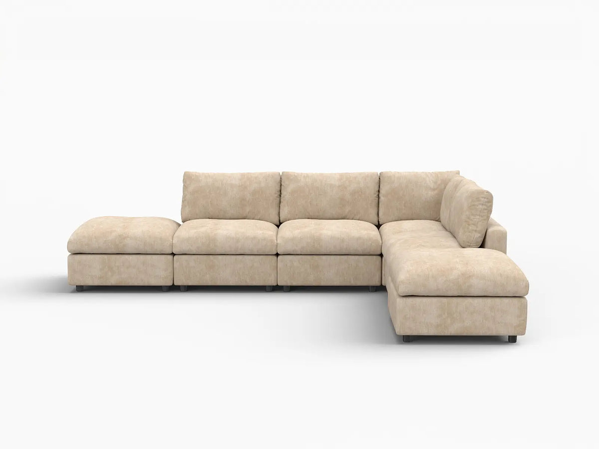 Deluxe Cloud 4-Seater Khaki Large Space L-Shaped Sectional | 6-Piece (Includes 2 Ottomans), Linen-Blend Chenille Fabric, Easy To Clean