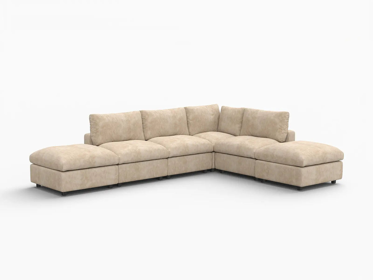 Deluxe Cloud 4-Seater Khaki Large Space L-Shaped Sectional | 6-Piece (Includes 2 Ottomans), Linen-Blend Chenille Fabric, Easy To Clean