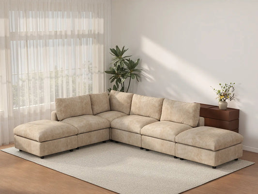 Deluxe Cloud 4-Seater Khaki Large Space L-Shaped Sectional | 6-Piece (Includes 2 Ottomans), Linen-Blend Chenille Fabric, Easy To Clean
