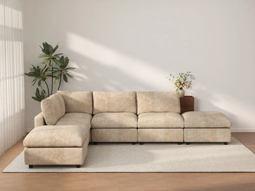 Deluxe Cloud 4-Seater Khaki Large Space L-Shaped Sectional | 6-Piece (Includes 2 Ottomans), Linen-Blend Chenille Fabric, Easy To Clean