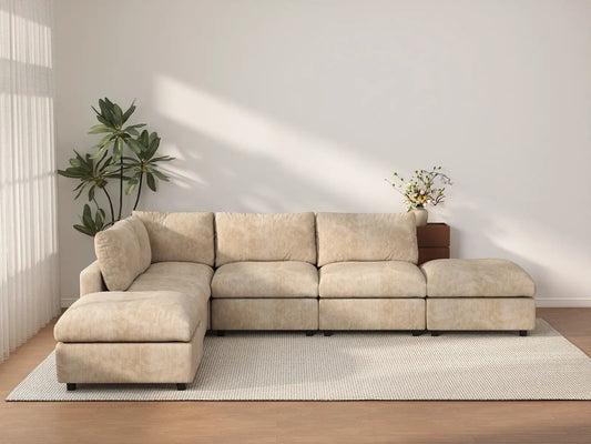 Deluxe Cloud 4-Seater Khaki Large Space L-Shaped Sectional | 6-Piece (Includes 2 Ottomans), Linen-Blend Chenille Fabric, Easy To Clean