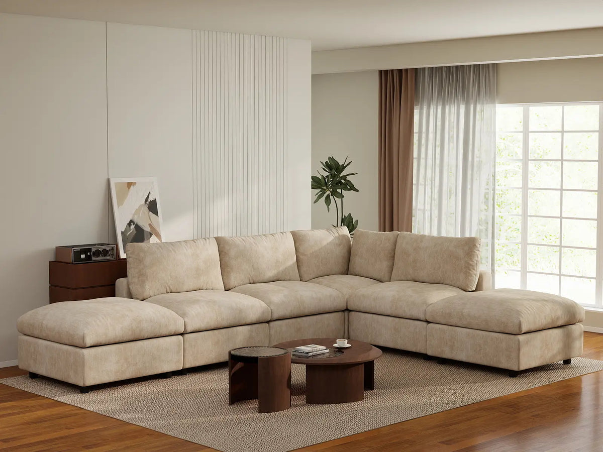 Deluxe Cloud 4-Seater Khaki Large Space L-Shaped Sectional | 6-Piece (Includes 2 Ottomans), Linen-Blend Chenille Fabric, Easy To Clean
