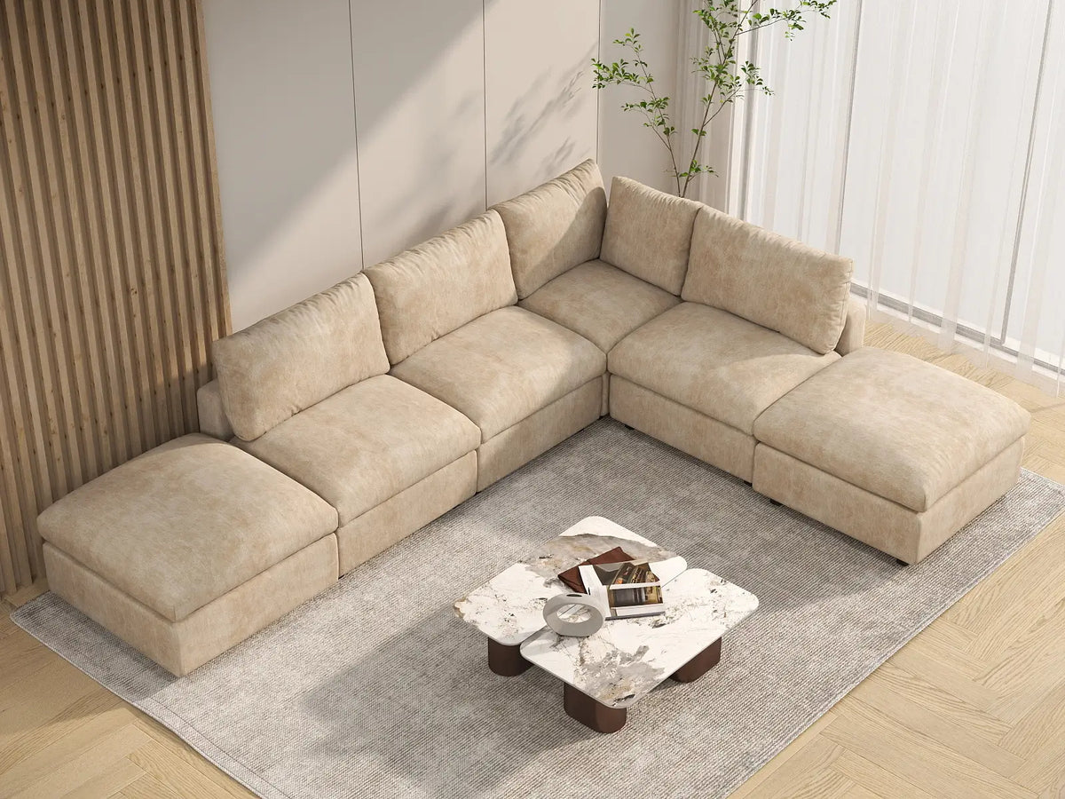 Deluxe Cloud 4-Seater Khaki Large Space L-Shaped Sectional | 6-Piece (Includes 2 Ottomans), Linen-Blend Chenille Fabric, Easy To Clean