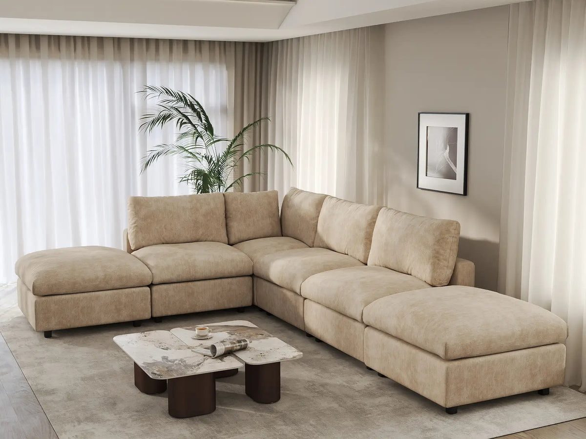 Deluxe Cloud 4-Seater Khaki Large Space L-Shaped Sectional | 6-Piece (Includes 2 Ottomans), Linen-Blend Chenille Fabric, Easy To Clean