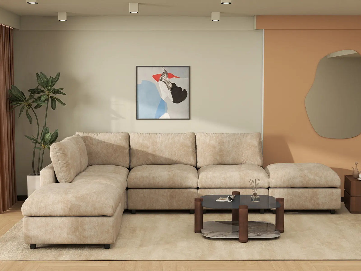 Deluxe Cloud 4-Seater Khaki Large Space L-Shaped Sectional | 6-Piece (Includes 2 Ottomans), Linen-Blend Chenille Fabric, Easy To Clean