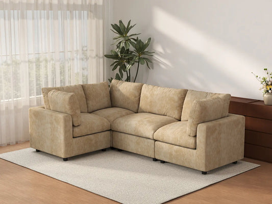 Deluxe Cloud 4-Seater Khaki Large Space L-Shaped Sectional | 4-Piece, Linen-Blend Chenille Fabric, Easy To Clean