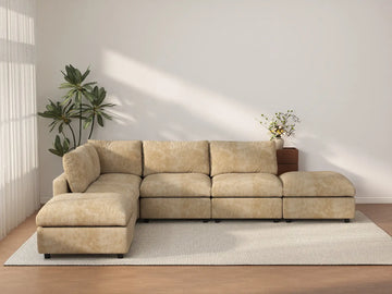Deluxe Cloud 4-Seater Khaki Large Space L-Shaped Sectional | 6-Piece (Includes 2 Ottomans), Linen-Blend Chenille Fabric, Easy To Clean