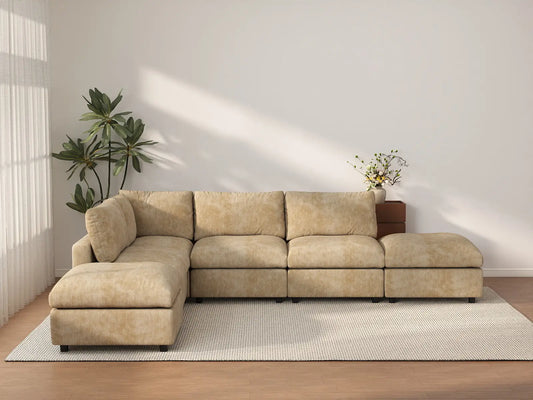 Deluxe Cloud 4-Seater Khaki Large Space L-Shaped Sectional | 6-Piece (Includes 2 Ottomans), Linen-Blend Chenille Fabric, Easy To Clean