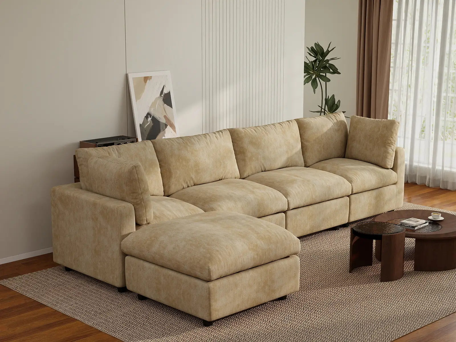 Fundas para sofá seccional Lounge Cloud | Funda de sofá de chenilla de mezcla de lino caqui para 4 plazas con 1 otomana