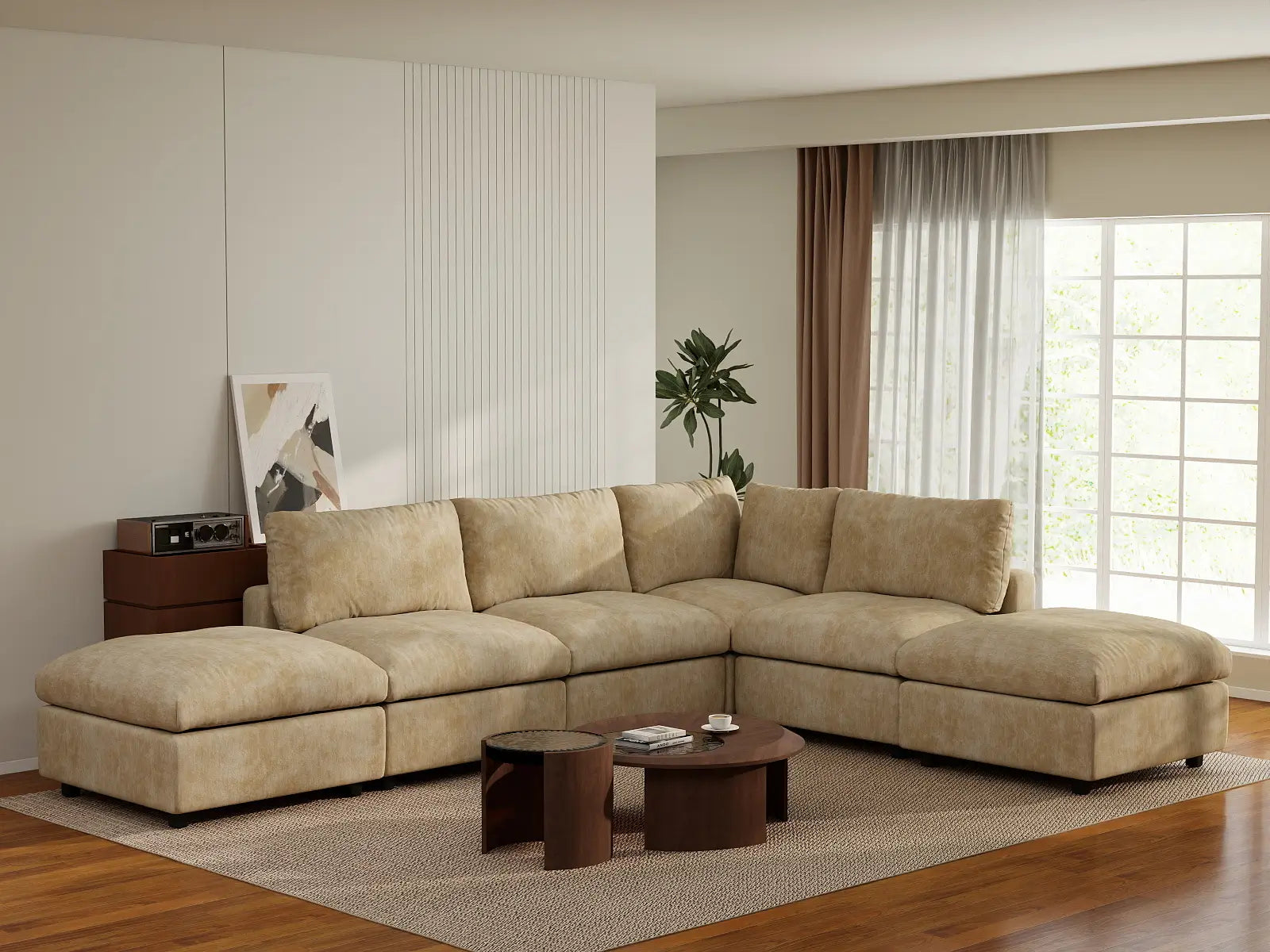 Fundas para sofá seccional Lounge Cloud | Funda de sofá de chenilla de lino y mezcla de lino color caqui para 4 plazas con 2 otomanas