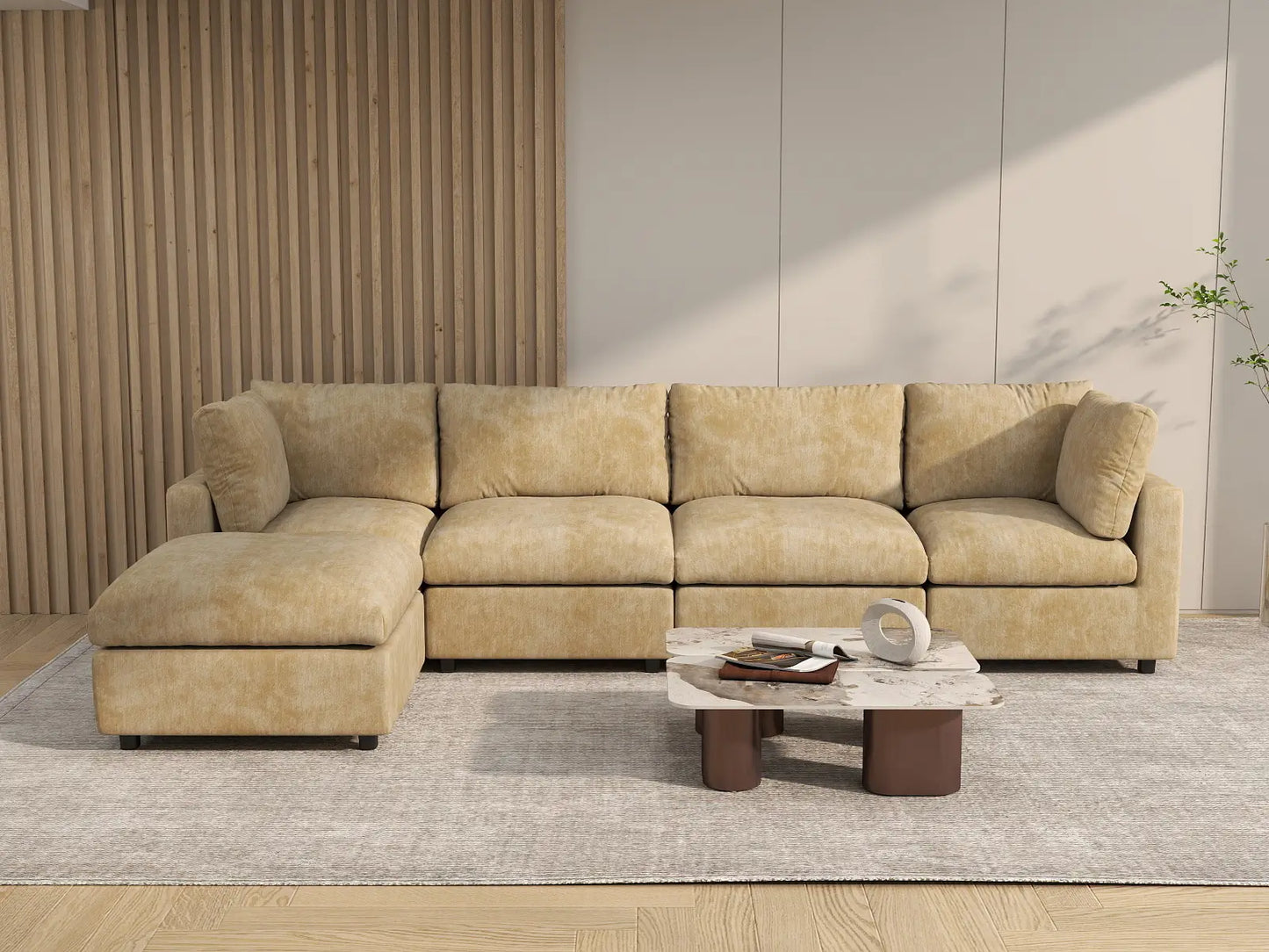 Fundas para sofá seccional Lounge Cloud | Funda de sofá de chenilla de mezcla de lino caqui para 4 plazas con 1 otomana