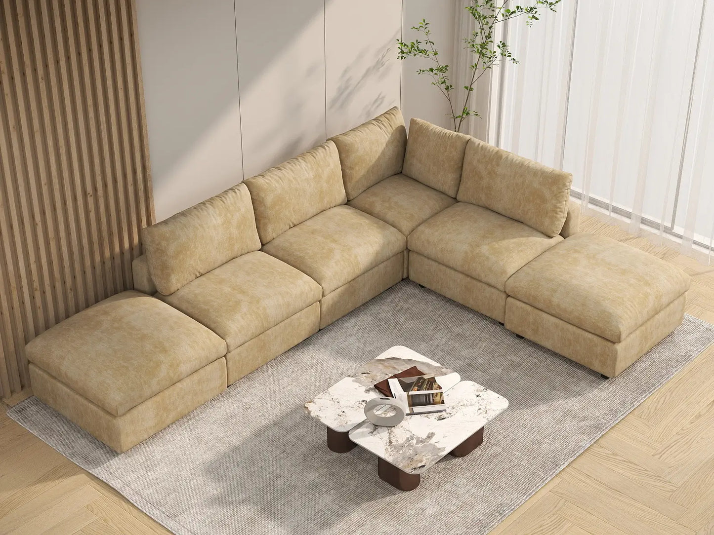 Fundas para sofá seccional Lounge Cloud | Funda de sofá de chenilla de lino y mezcla de lino color caqui para 4 plazas con 2 otomanas