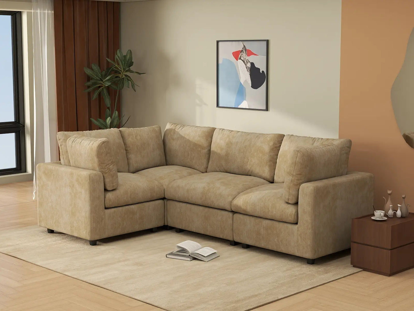 Fundas de sofá seccional Lounge Cloud | Funda de sofá de chenilla de lino-mezcla color caqui para 4 plazas