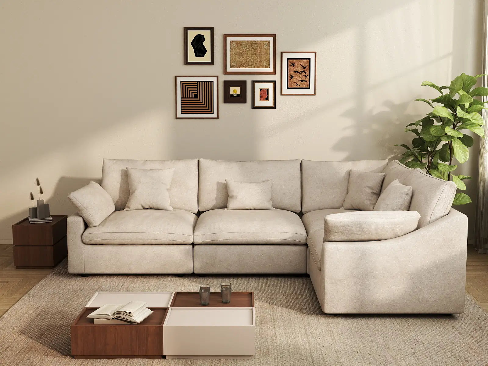 Deluxe Cloud 4-Seater Khaki Large Space Pit Sectional | 4-Piece, Chenille And Linen Fabric, Easy To Clean