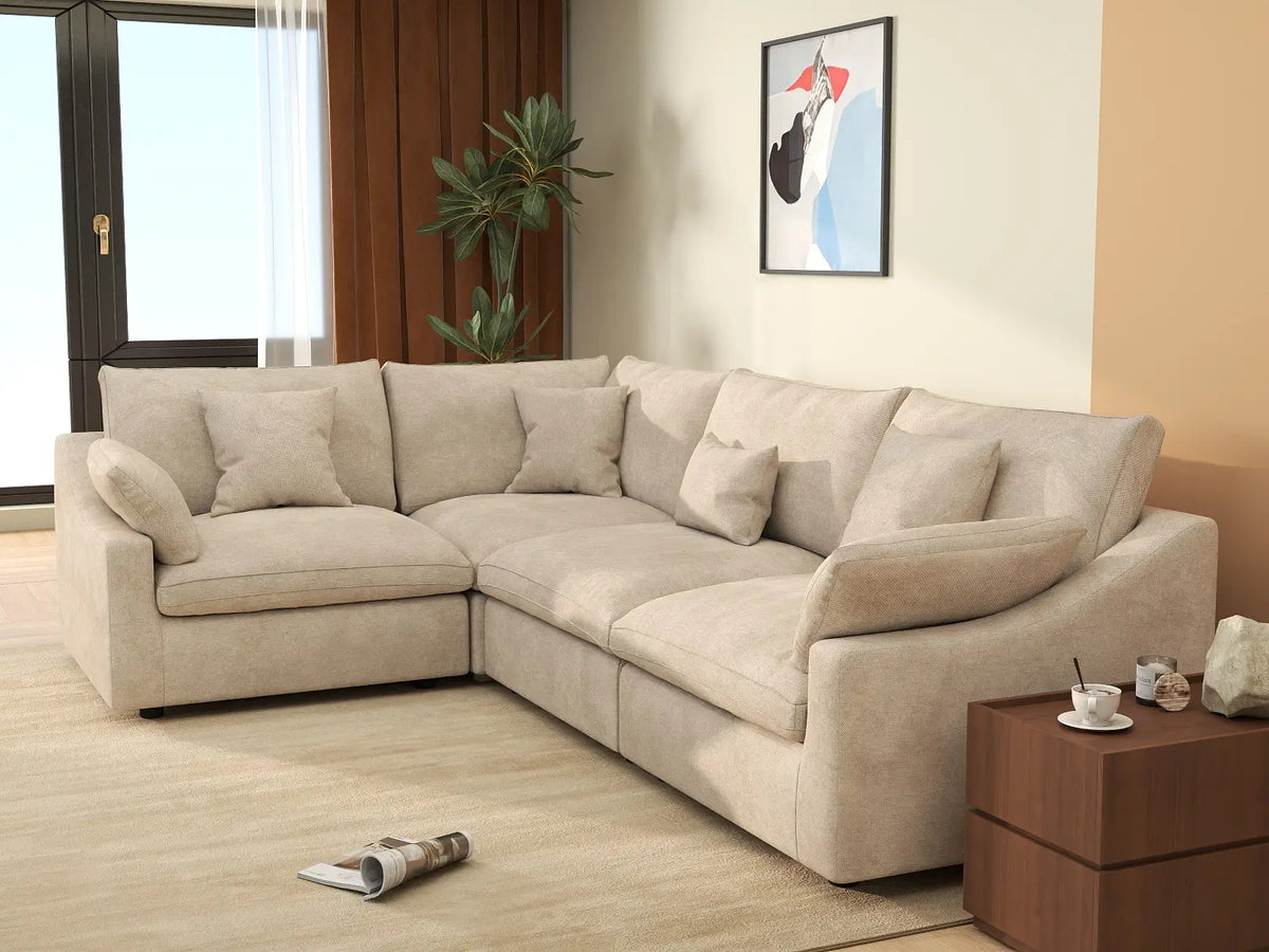 Deluxe Cloud 4-Seater Khaki Large Space Pit Sectional | 4-Piece, Chenille And Linen Fabric, Easy To Clean