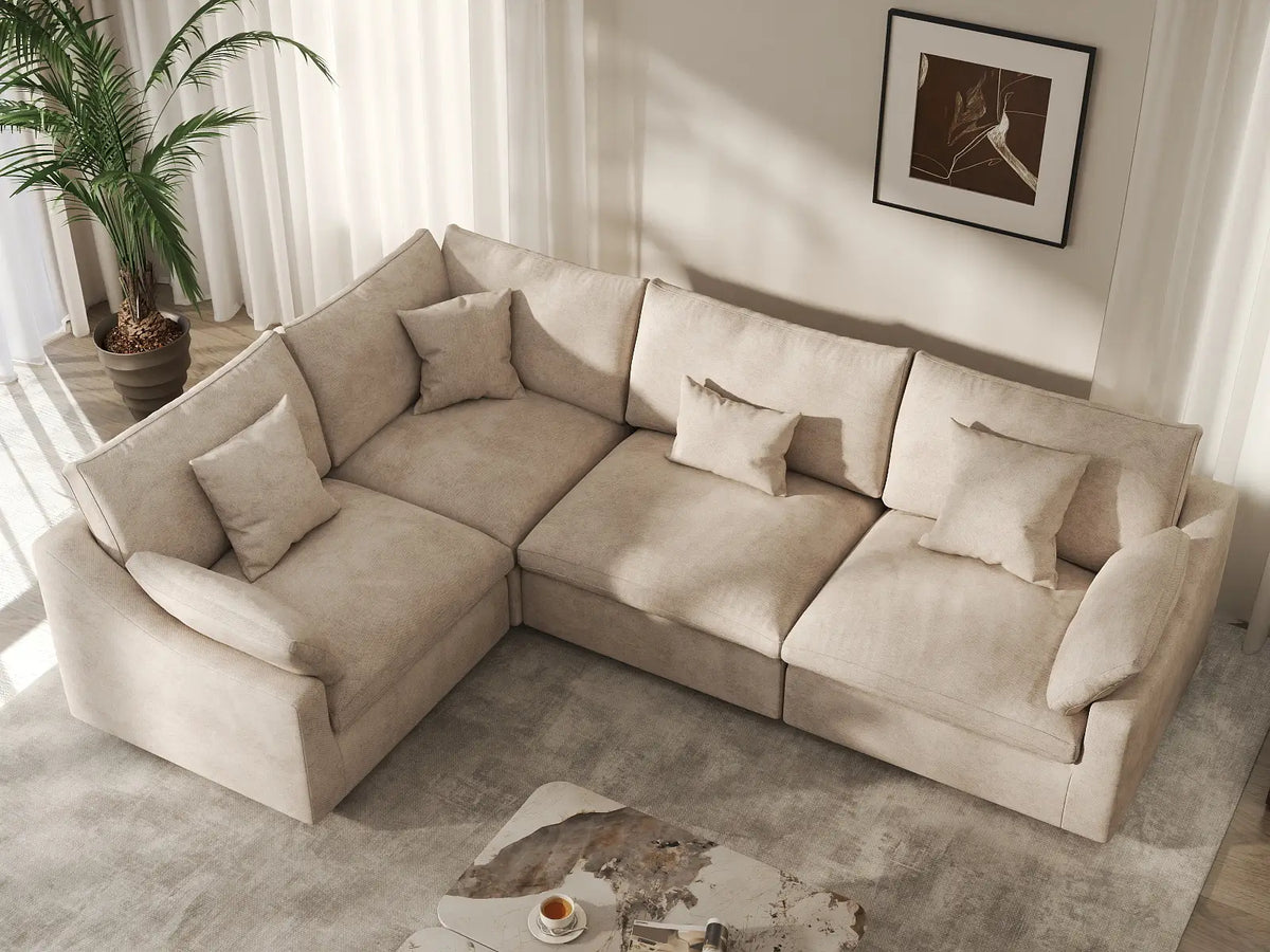 Deluxe Cloud 4-Seater Khaki Large Space Pit Sectional | 4-Piece, Chenille And Linen Fabric, Easy To Clean