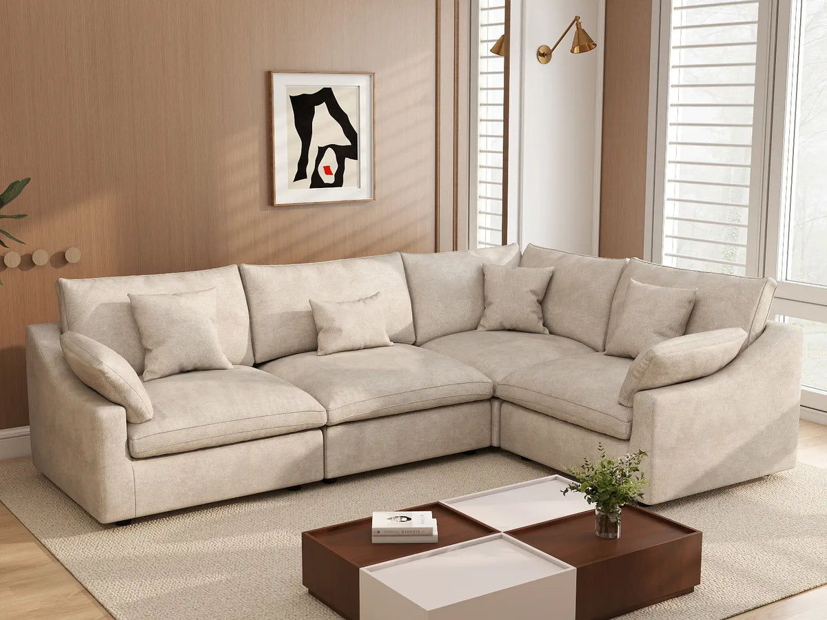 Deluxe Cloud 4-Seater Khaki Large Space Pit Sectional | 4-Piece, Chenille And Linen Fabric, Easy To Clean
