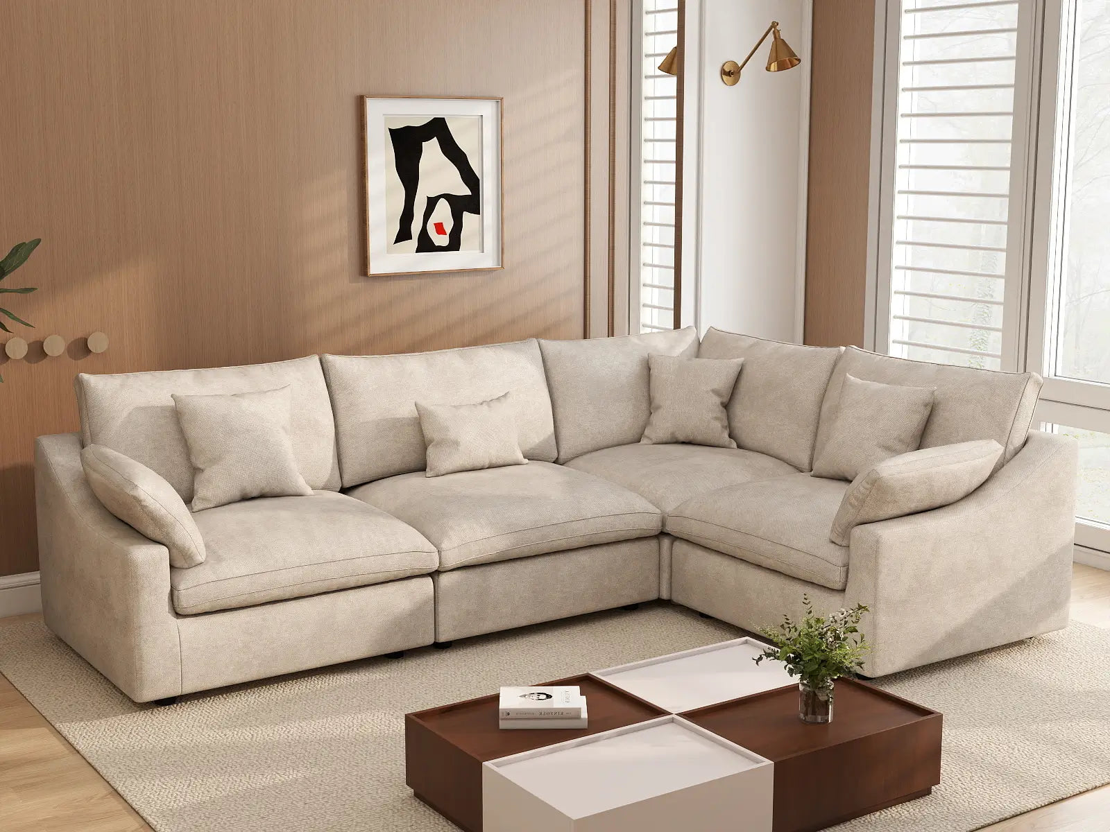 Deluxe Cloud 4-Seater Khaki Large Space Pit Sectional | 4-Piece, Chenille And Linen Fabric, Easy To Clean