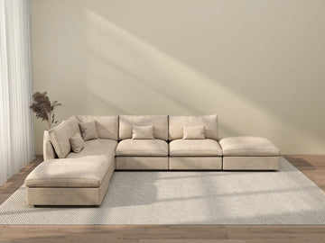 Deluxe Cloud 4-Seater Khaki Large Space Pit Sectional | 6-Piece (Includes 2 Ottomans), Chenille And Linen Fabric, Easy To Clean