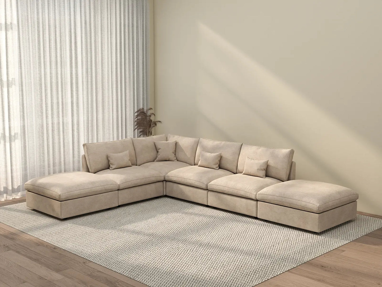 Deluxe Cloud 4-Seater Khaki Large Space Pit Sectional | 6-Piece (Includes 2 Ottomans), Chenille And Linen Fabric, Easy To Clean