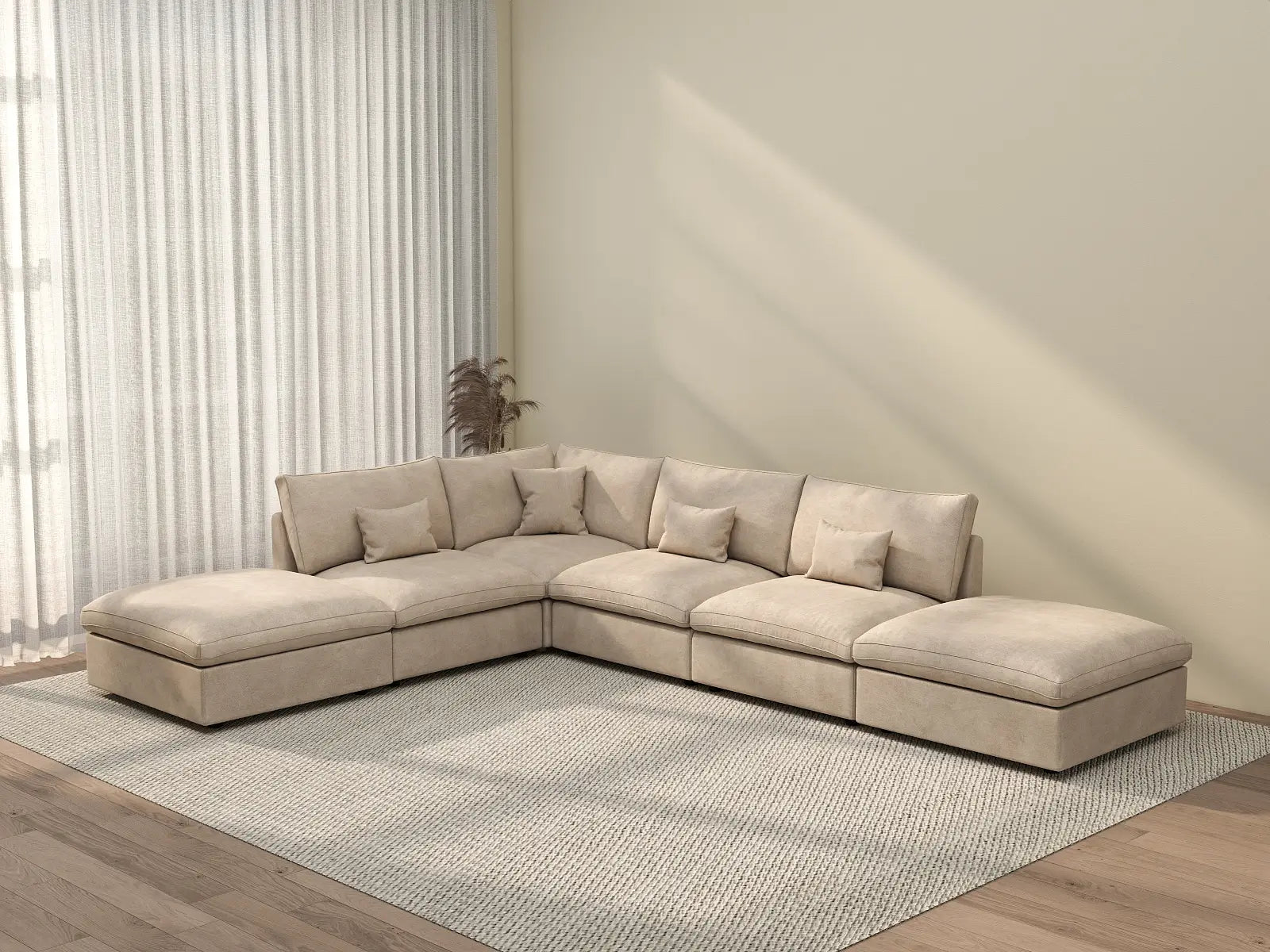 Deluxe Cloud 4-Seater Khaki Large Space Pit Sectional | 6-Piece (Includes 2 Ottomans), Chenille And Linen Fabric, Easy To Clean