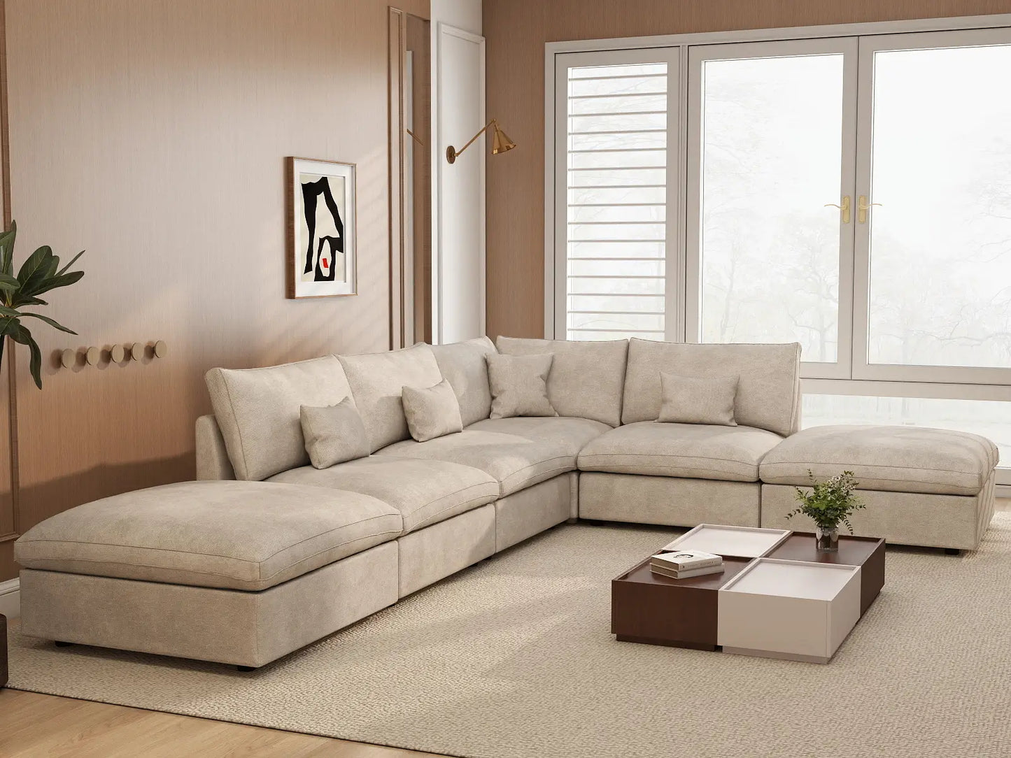 Deluxe Cloud 4-Seater Khaki Large Space Pit Sectional | 6-Piece (Includes 2 Ottomans), Chenille And Linen Fabric, Easy To Clean