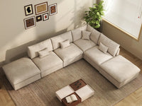 Deluxe Cloud 4-Seater Khaki Large Space Pit Sectional | 6-Piece (Includes 2 Ottomans), Chenille And Linen Fabric, Easy To Clean